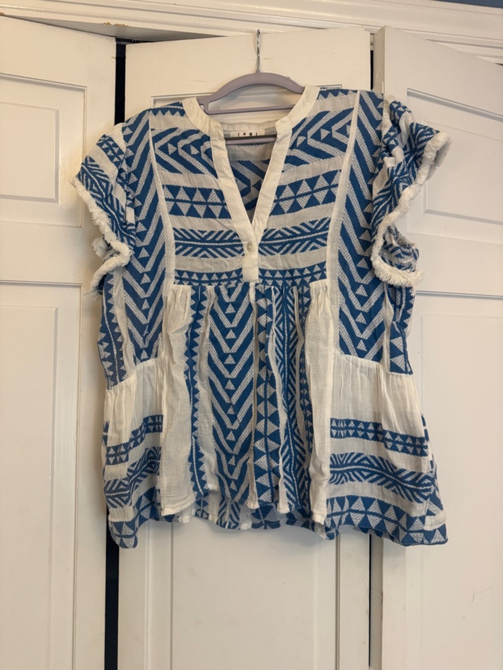 THML Blue & White Geometric Peasant Blouse